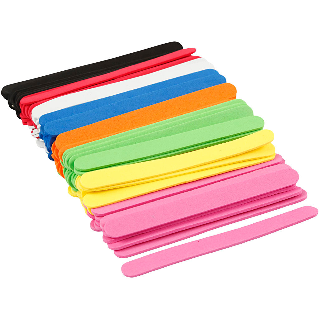 Foam Ice Lolly Sticks, L: 11,5 cm, W: 1 cm, thickness 2 mm, assorted colours, 120 pc
