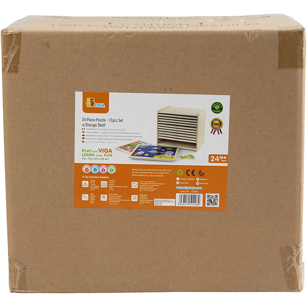VIGA pusselhylla med 12 pussel, H: 275, L: 315 mm, B: 235 mm, stl. 31x27x23 cm, 12X24 brickor, 12 delar/ 1 set [HOB-908540]