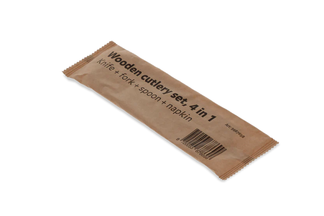 Bestickset i trä 4/1 Kniv + gaffel + sked + Servett FSC (250 st) [TK-9987658]