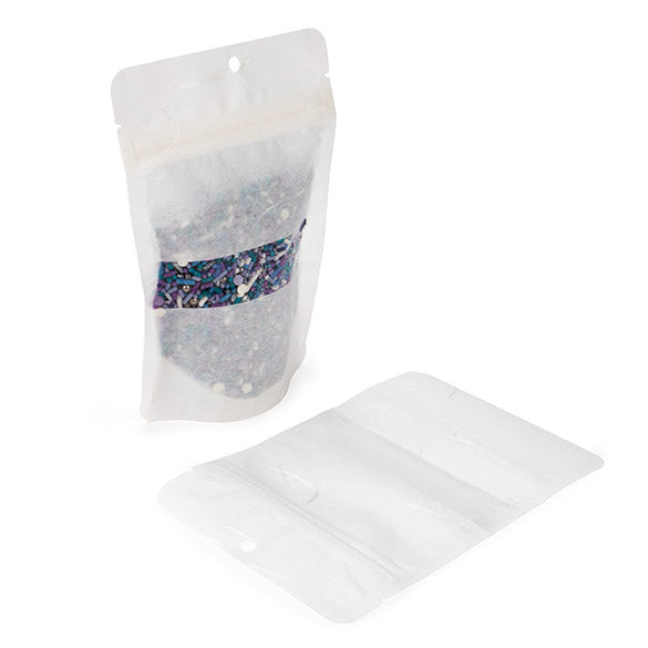 Eco Friendly Stå upp påsar Rispapper vitt med rektangulärt fönster med hängande hål 10,2x6x15,2 cm (100 st) [ZBGRC2W]
