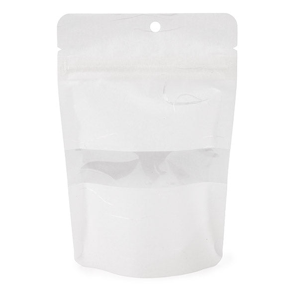 Eco Friendly Stå upp påsar Rispapper vitt med rektangulärt fönster med hängande hål 10,2x6x15,2 cm (100 st) [ZBGRC2W]