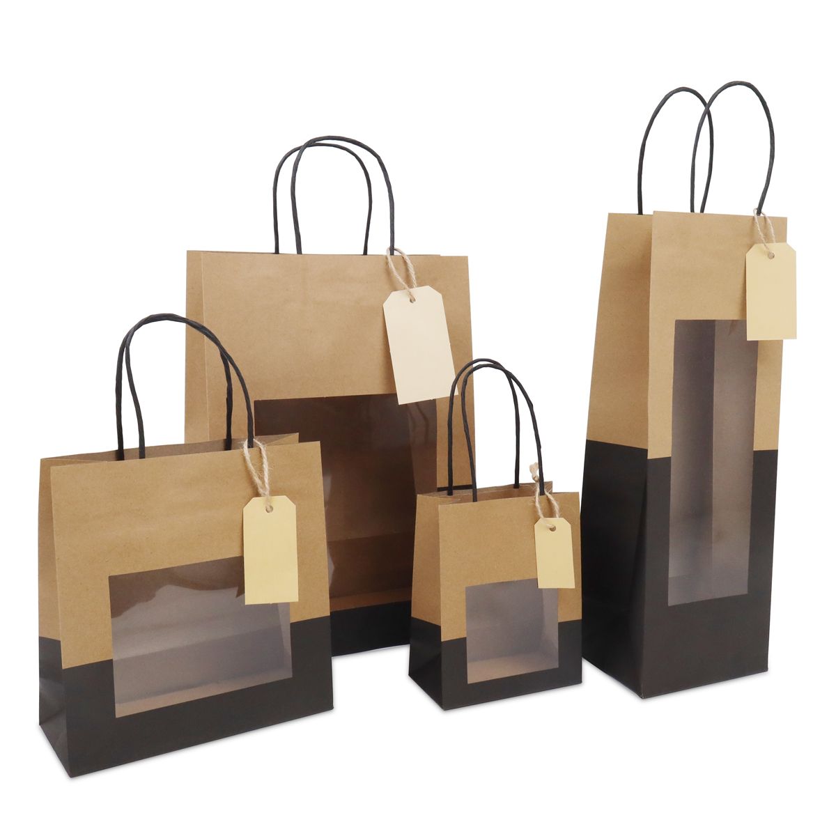 Presentpåsar med fönster och etikett 18+8x19 cm kraft/Svart (100 pcs) [FP-DPT113]