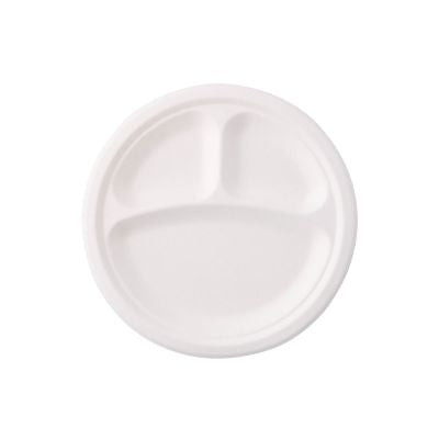 Menytavla av sockerrör Ø 22 cm, 3 fack, rund (500 st) [GB-DTW01465]