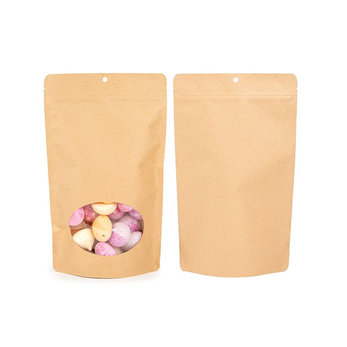 Stå upp påsar Kraft Komposterbar 17.1x8.9x28.6 cm med ovalt fönster (100 st) [ZBGEO4K]