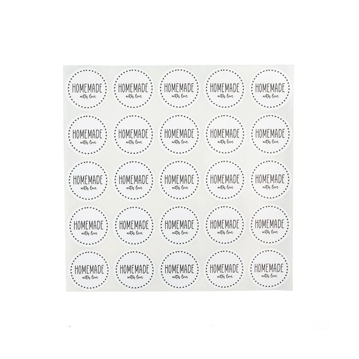 Klistermärken runda hemgjorda med kärlek (vit med svart text) 5,1 cm (1 ark) [LS2HML]