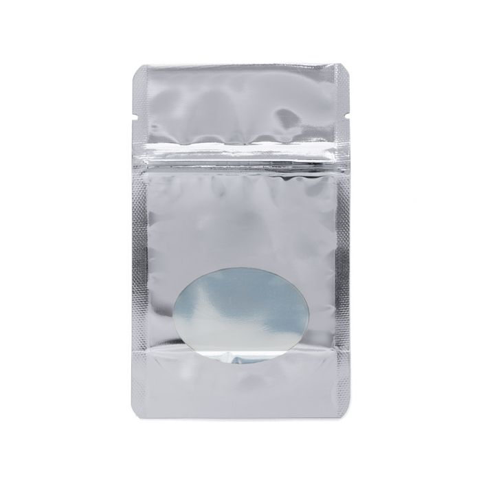 Stå upp påsar Silver med oval Fönster 8x5x13cm | 28 gram (100 st) [ZBGMO1S]