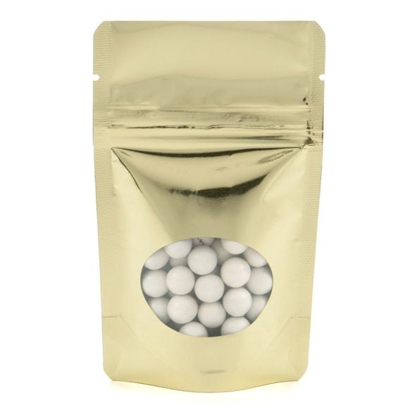 Stå upp påsar Guld med oval Fönster 8x5x13cm | 28 gram (100 st) [ZBGMO1SG]