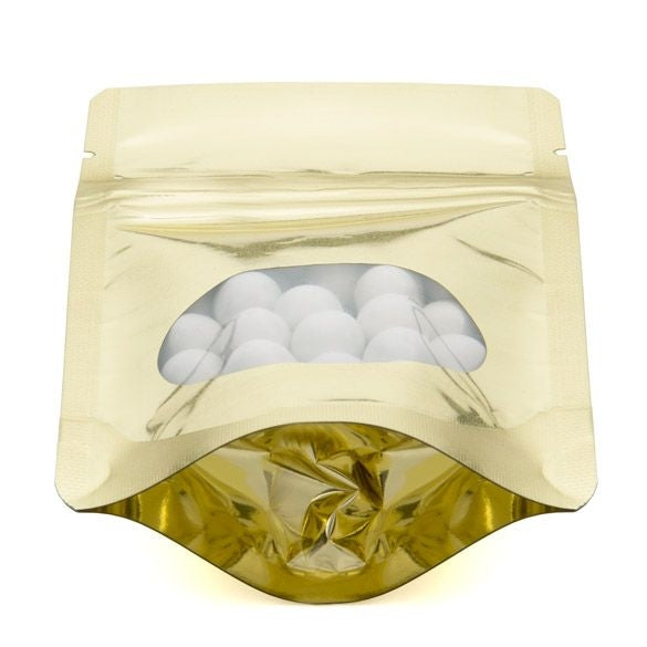 Stå upp påsar Guld med oval Fönster 8x5x13cm | 28 gram (100 st) [ZBGMO1SG]