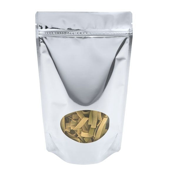 Stå upp påsar Silver med oval Fönster 17,1x8,9x28,6cm | 340 gram (100 st) [ZBGMO4S]