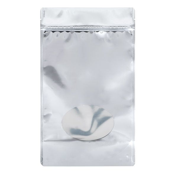 Stå upp påsar Silver med oval Fönster 17,1x8,9x28,6cm | 340 gram (100 st) [ZBGMO4S]