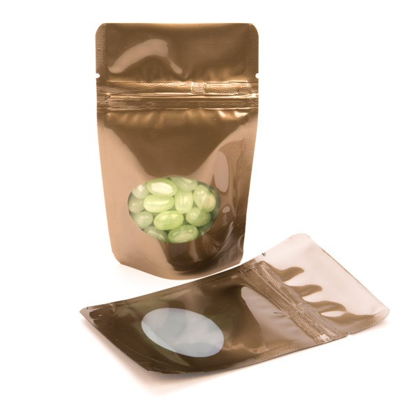 Stå upp påsar Brons med oval Fönster 8x5x13cm | 28 gram (100 st) [ZBGO1BZ]