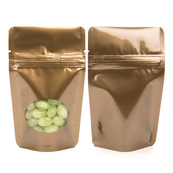 Stå upp påsar Brons med oval Fönster 8x5x13cm | 28 gram (100 st) [ZBGO1BZ]