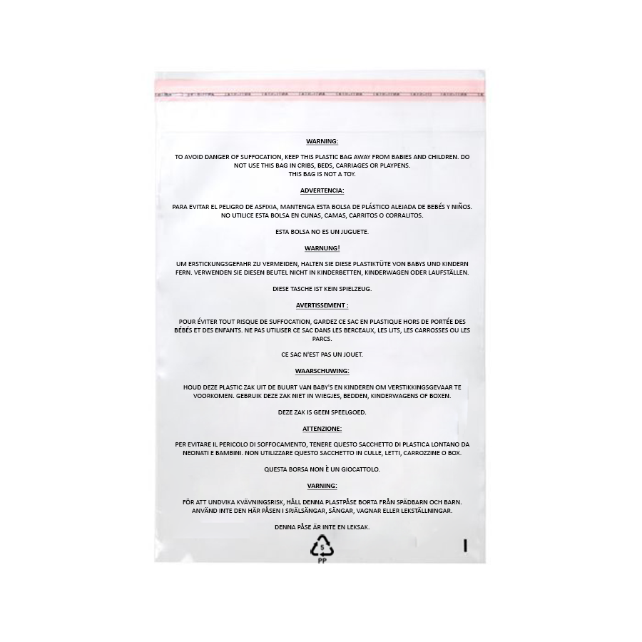 Plastpåsar med Kvävningsvarning 22,9x30,5cm Transparent med Tejpremsa (100 st) [PFW1912]