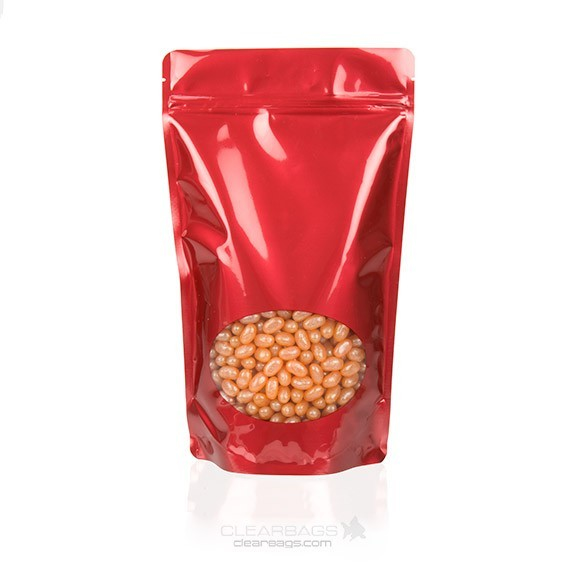 Stå upp påsar Röd med oval Fönster 17x9x28,5cm | 340 gram (100 st) [ZBGO4R]