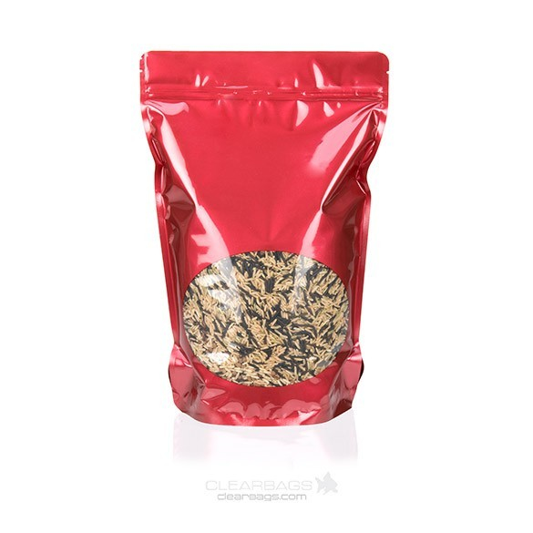 Stå upp påsar Röd med oval Fönster 23x12x34,5cm | 907 gram (100 st) [ZBGO6R]