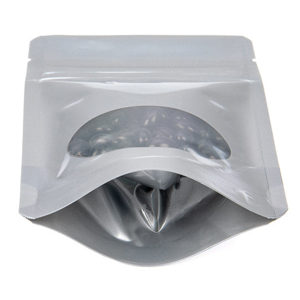Stå upp påsar Silver med oval Fönster 8x5x13cm | 28 gram (100 st) [ZBGO1S]