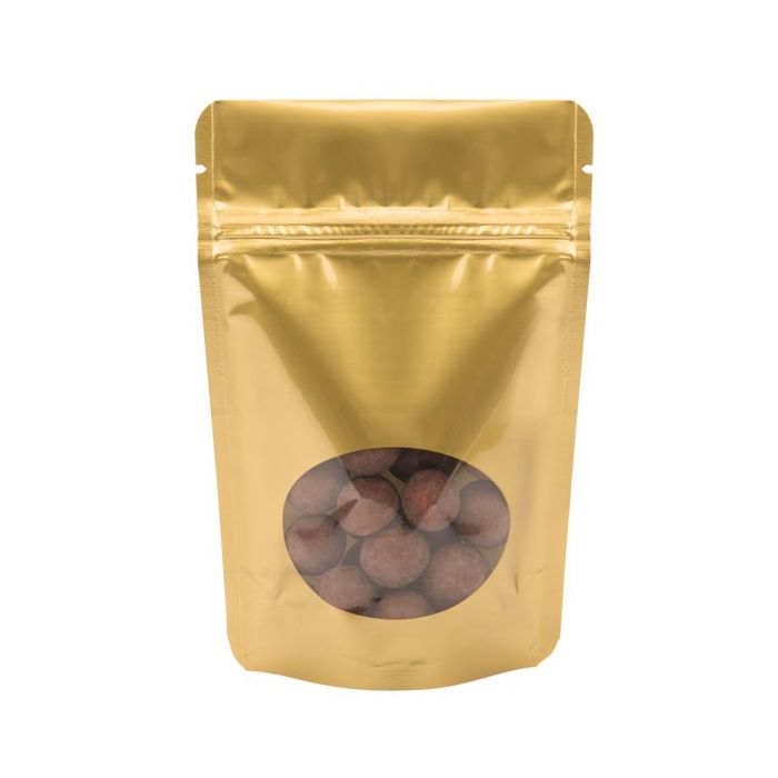 Stå upp påsar Guld med oval Fönster 10x6x15cm | 57 gram (100 st) [ZBGO2G]