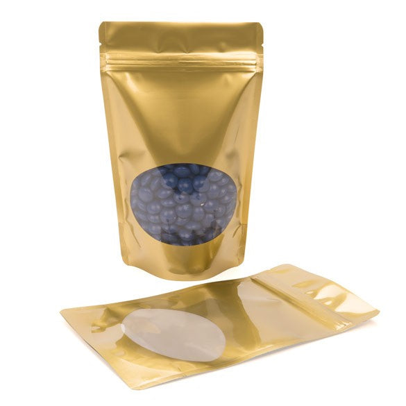 Stå upp påsar Guld med oval Fönster 13x7x20,5cm | 113 gram (100 st) [ZBGO3G]