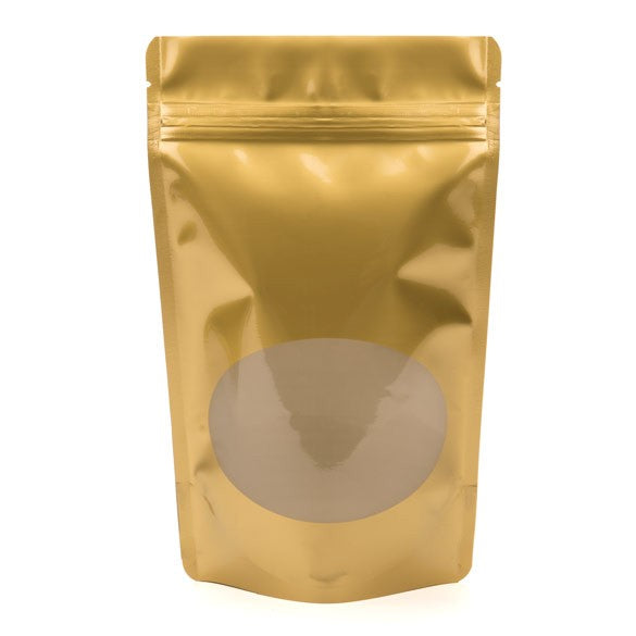 Stå upp påsar Guld med oval Fönster 13x7x20,5cm | 113 gram (100 st) [ZBGO3G]