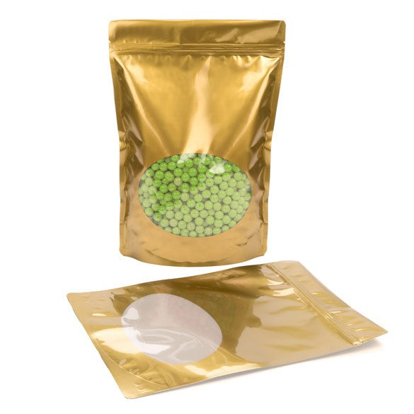 Stå upp påsar Guld med oval Fönster 21x9x29cm | 510 gram (100 st) [ZBGO5G]