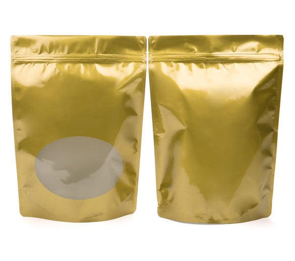 Stå upp påsar Guld med oval Fönster 21x9x29cm | 510 gram (100 st) [ZBGO5G]