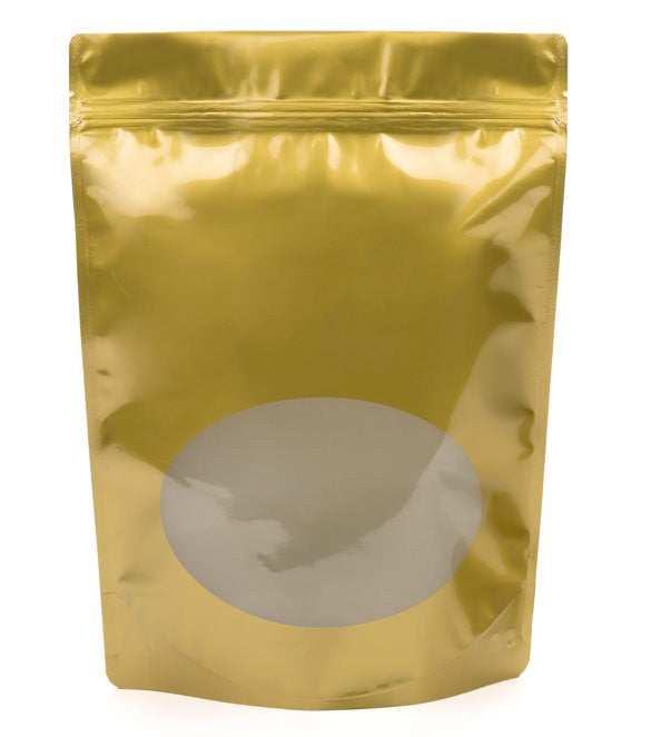 Stå upp påsar Guld med oval Fönster 21x9x29cm | 510 gram (100 st) [ZBGO5G]