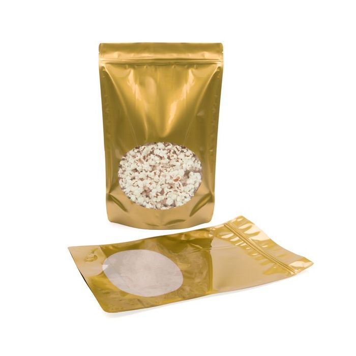 Stå upp påsar Guld med oval Fönster 23x12x34,5cm | 907 gram (100 st) [ZBGO6G]