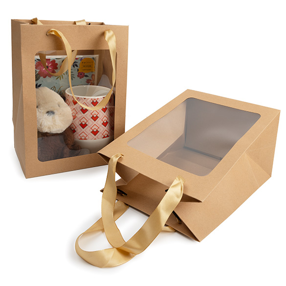 Presentpåsar Kraft med Fönster 17,8x12,7x24,9cm (10 st) [GMBW2K]