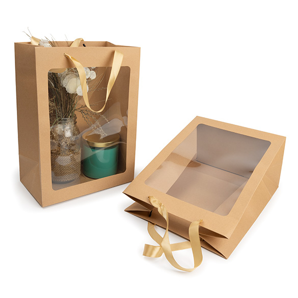 Presentpåsar Kraft med Fönster 24,9x15,2x35,1cm (10 st) [GMBW3K]