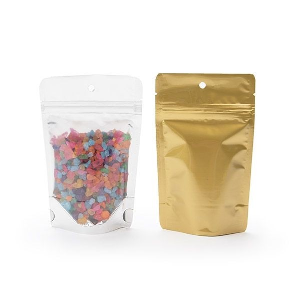 Stå upp påsar Transparent/Gold 9.5x5.7x15.7cm | 57 gram Med hängande hål (100 st) [ZBGG35H]