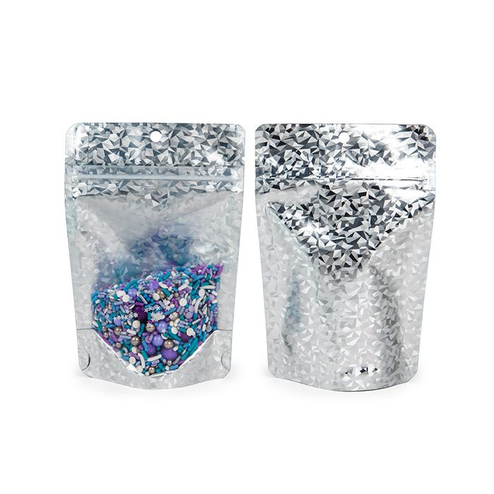 Stå upp påsar Transparant/Holografisk glass 10,2x6x15,2 cm Med upphängningshål (25 St) [ZBGHI2C]