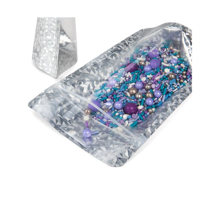 Stå upp påsar Transparant/Holografisk glass 10,2x6x15,2 cm Med upphängningshål (25 St) [ZBGHI2C]