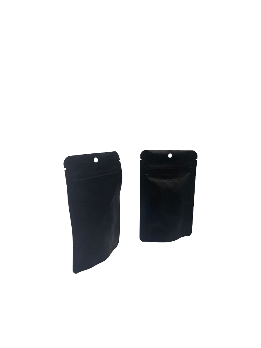 Stå upp påsar Matt Black 8x5x13cm | 28 gram med upphängningshål (100 st) [ZBGM1MBH]