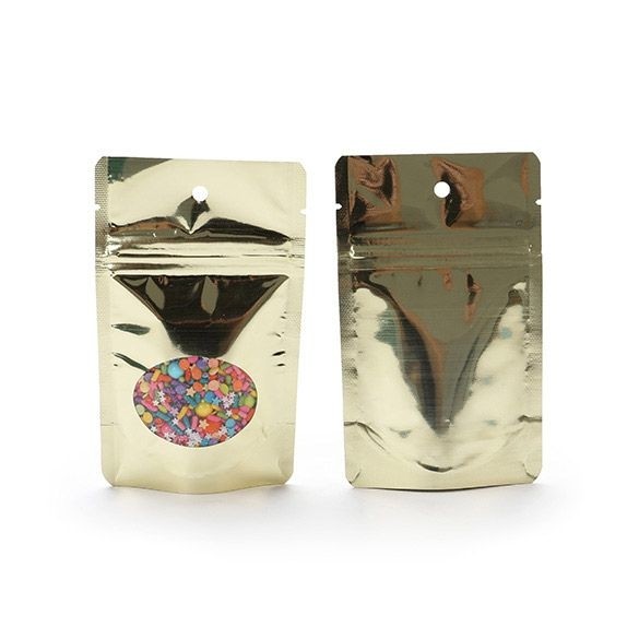 Stå upp påsar Guld med ovalt fönster 8x5x13cm | 28 gram med hängande hål (100 st) [ZBGMO1SGH]