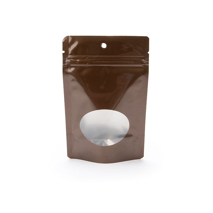 Stå upp påsar Brons med ovalt fönster 10.2x6x15.2 cm med runt upphängningshål (100 st) [ZBGMO2BZH]