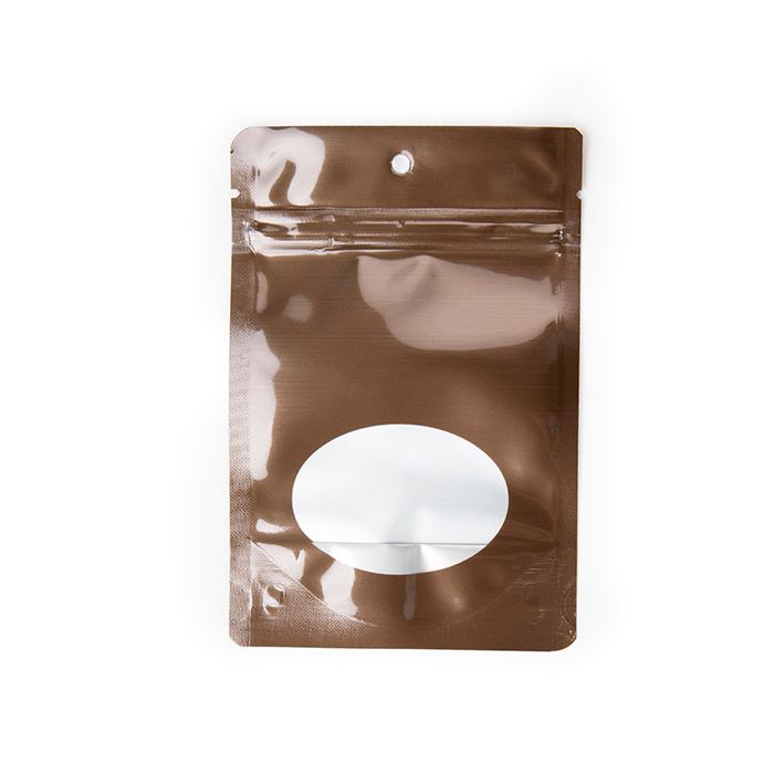 Stå upp påsar Brons med ovalt fönster 10.2x6x15.2 cm med runt upphängningshål (100 st) [ZBGMO2BZH]