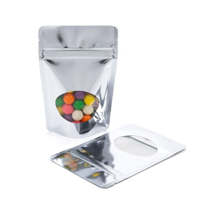 Stå upp påsar Silver med oval Fönster 10x6x15cm | 57 gram (100 st) [ZBGMO2S]