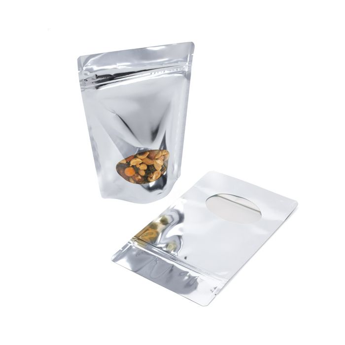 Stå upp påsar Silver med oval Fönster 13x7x20,5cm | 113 gram (100 st) [ZBGMO3S]