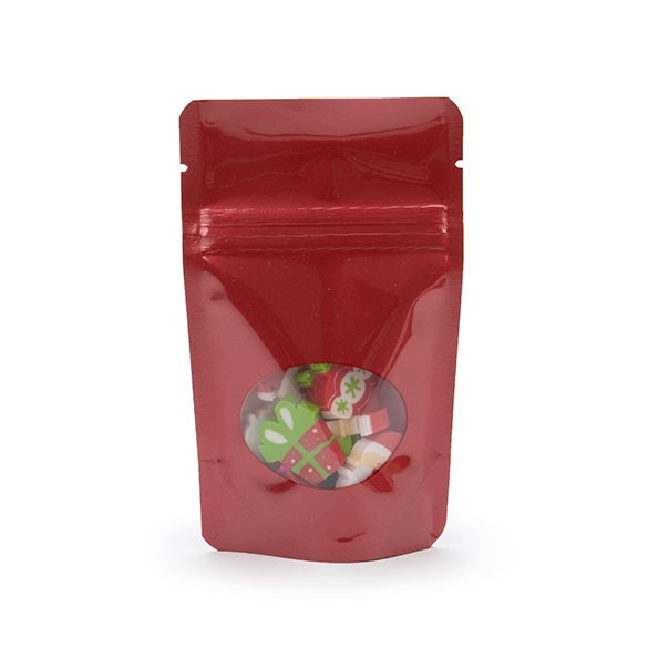 Stå upp påsar Röd med oval Fönster 8x5x13cm | 28 gram (100 st) [ZBGO1R]
