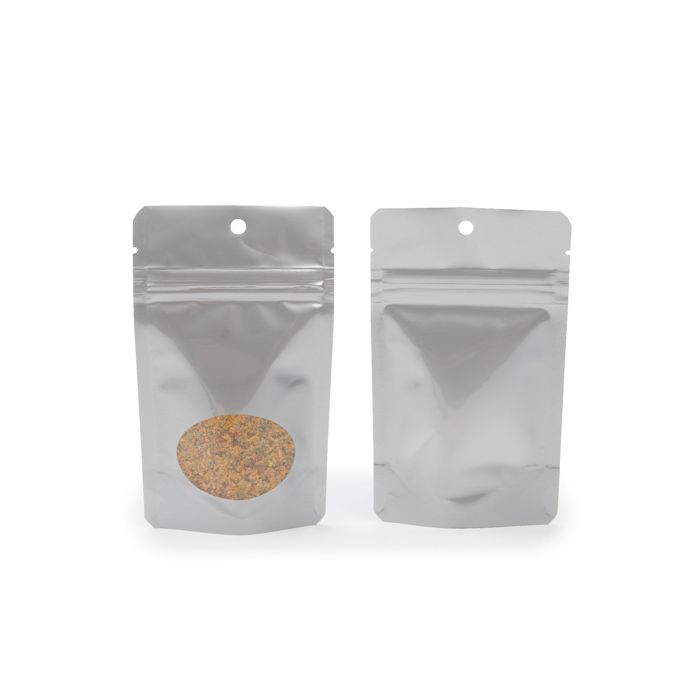 Silver Stå upp påsar med ovalt fönster 8 x 5 x 13 cm + upphängningshål (100 st) [ZBGO1SH]