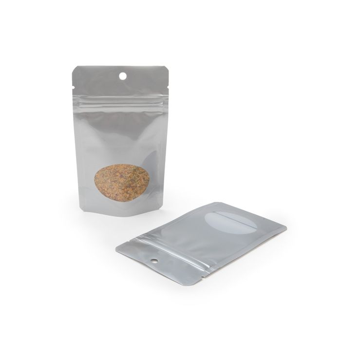 Silver Stå upp påsar med ovalt fönster 8 x 5 x 13 cm + upphängningshål (100 st) [ZBGO1SH]