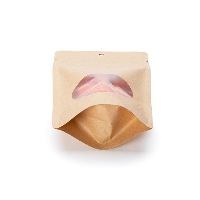 Stå upp påsar Kraft med ovalt fönster 10x6x15cm | 57 gram med runt hängande hål (100 st) [ZBGO2KH]