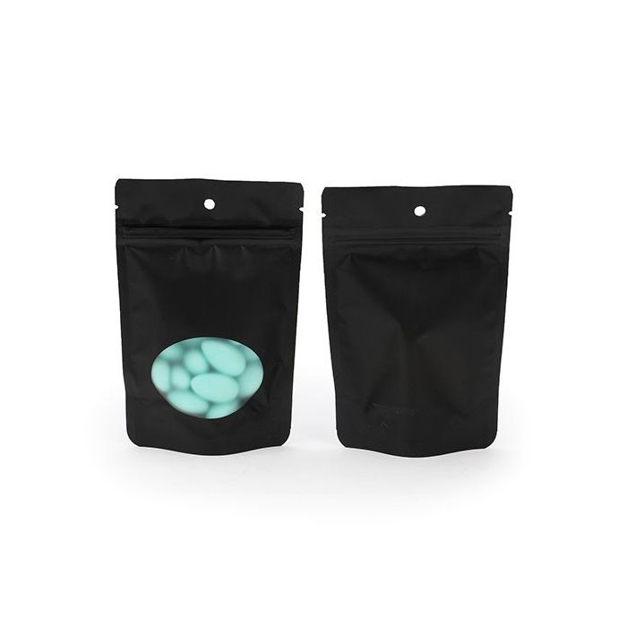 Stå upp påsar Svart med ovalt fönster 10,2x6x15,2cm med upphängningshål (100 st) [ZBGO2MBH]