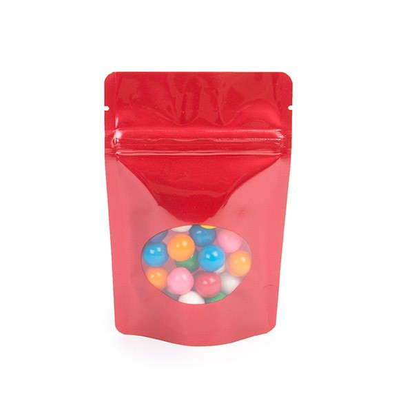 Stå upp påsar Röd med oval Fönster 10x6x15cm | 57 gram (100 st) [ZBGO2R]