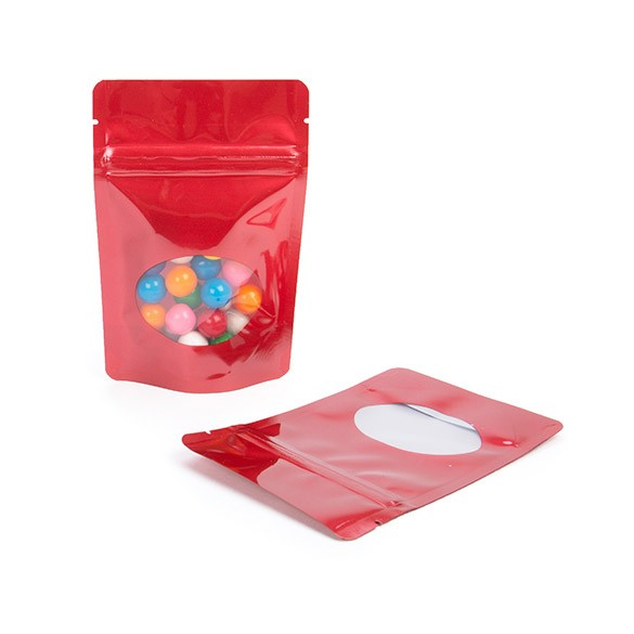 Stå upp påsar Röd med oval Fönster 10x6x15cm | 57 gram (100 st) [ZBGO2R]