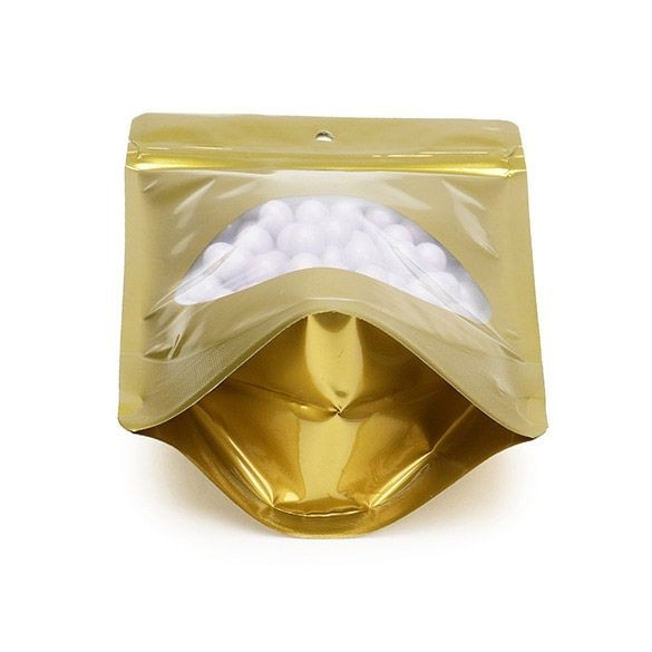 Stå upp påsar Guld med ovalt fönster 13x7x20.5cm | 113 gram med upphängningshål (100 st) [ZBGO3GH]