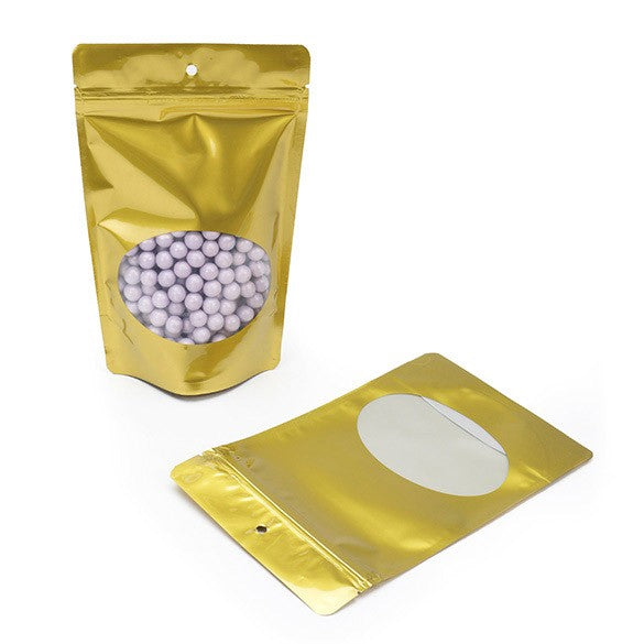 Stå upp påsar Guld med oval Fönster 13x7x20,5cm | 113 gram (100 st) [ZBGO3G]