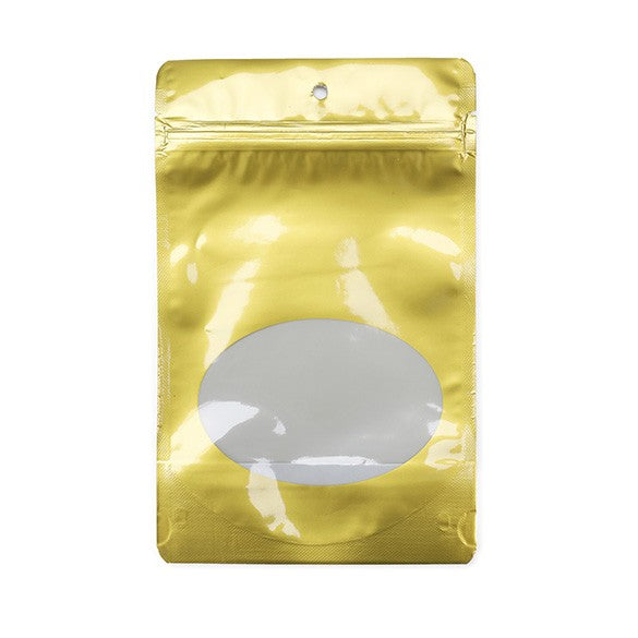 Stå upp påsar Guld med oval Fönster 13x7x20,5cm | 113 gram (100 st) [ZBGO3G]