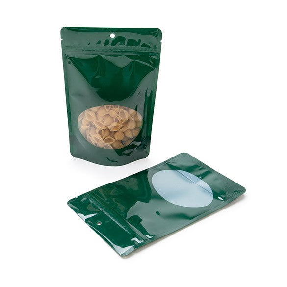 Stå upp påsar Grön med oval Fönster 13x7x20,5cm | 113 gram (100 st) [ZBGO3HG]