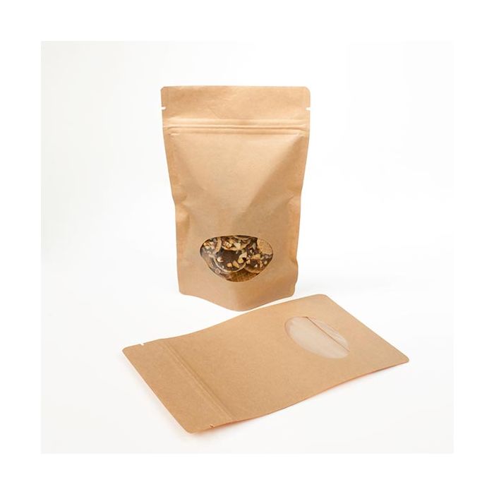 Stå upp påsar Kraft med oval Fönster 13x7x20,5cm | 113 gram (100 st) [ZBGO3K]